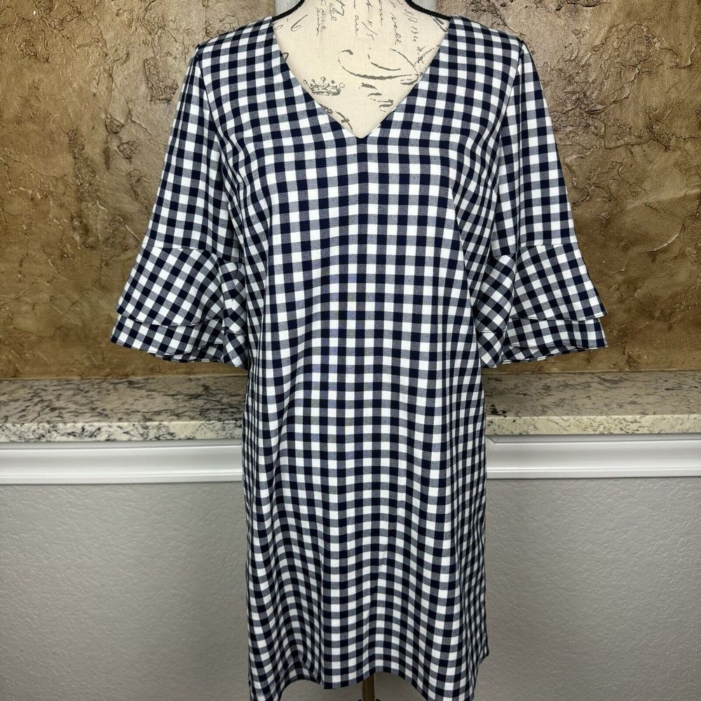 Draper James Womens Check Ruffle Sleeve Black White V-neck Shift Dress Size‎ 4